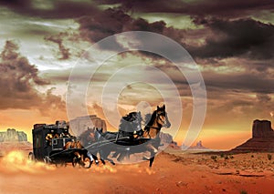 Stagecoach crossing the desert 