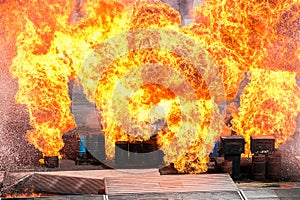 Staged explosions to demonstrate the strength of fire