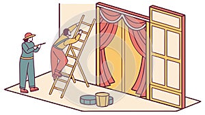 Stagehands Preparing Theater Set, Backstage Operations, Performing Arts vector design Generative AI