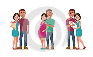 Stages of creating family. Love, pregnancy, birth. Couple and child.