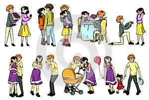 Stages of creating family. Love, pregnancy, birth. Couple and child. Color cartoon illustration isolated on white