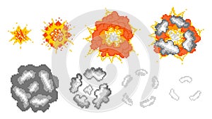 Stages destructive pixel explosion illustration. Initial flash increase in fireball and red powerful detonation with