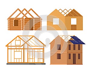 Stages of house construction from framework to complete log cabin. Home building process with solar panels roof vector