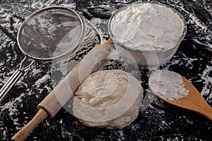 Stages of Making Bread-Flour, Dough and Loaf of Bread