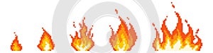 Stages of pixel fire ignition. Small red bonfire turning into fiery hell consequences of explosion blazing.
