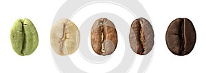 Stages of roasting coffee beans on white background, collage. Banner design