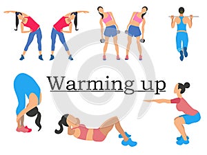 Stages warm up. Sport for health, clearly shows the girl. In minimalist style. Cartoon flat raster