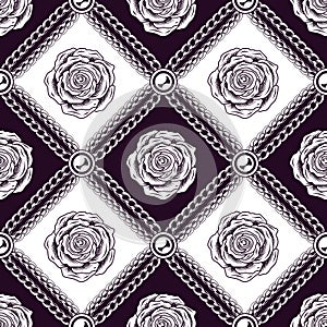 Staggered black and white pattern with roses