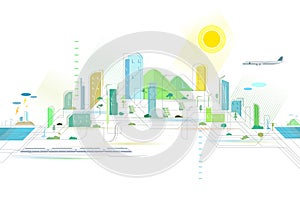 Staggered lines Quality City 3 with aeroplane and subway vector illustrator graphic EPS 10