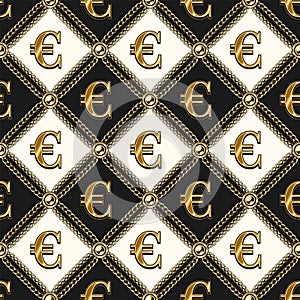 Staggered luxury vintage black and white pattern with shiny gold euro sign, gold chains, beads.