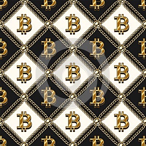 Staggered pattern with shiny gold bitcoin sign, gold chains, beads