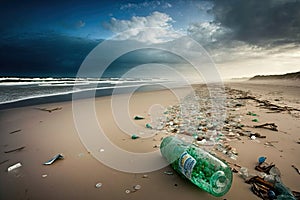 staggering amount of plastic bottle garbage washed up on beach photo
