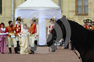 staging a historical scene with the royal family and horse guards on the parade ground in front of the royal palace. The