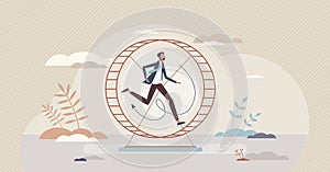 Stagnant career as running employee on hamster wheel tiny person concept