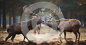 Stags at War - The Raw Majesty of Red Deer Engaged in Fierce Combat in a Wildlife Park During Rutting Season