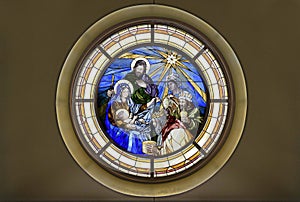 Stain glass of Nativity Epiphany Adoration of the Magi