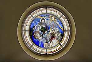 Stain glass of Nativity Epiphany Adoration of the Magi photo