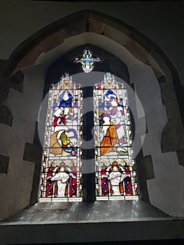 Stain glass window in church.