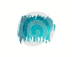 Stain of paint in blue and cyan colors isolated on white background. Artistic textured shape. Hand painted watercolor sketch