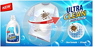 Stain remover, ad vector template or magazine design. Ads poster design on blue background with white t-shirt and stains