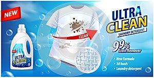 Stain remover, laundry detergent, ad vector template. Ads poster design on blue background with white t-shirt and stains