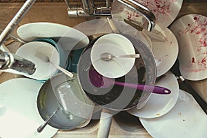 Stained Dirty Dishes In Kitchen Sink