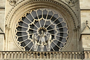 Stained facade window of Notre Dame in Paris