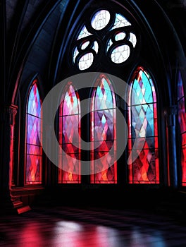 Stained gl windows lit up with a mysterious glint of crimson light Gothic art. AI generation