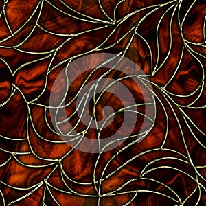 Stained glass. Abstract swirls and leaves pattern, seamless texture, drawn gold lines on dark brown background. Illustration