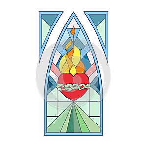 Stained glass arch gothic window, mosaic pattern with burning red heart and thorns