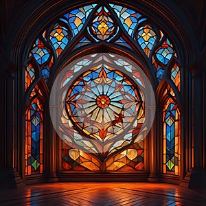 A stained glass arch of a side chapel, made out of cocobolo wood, with colorful design