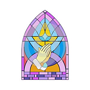 Stained glass arch window of church, mosaic art with hands folded in prayer