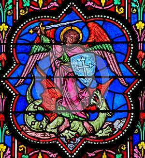 Stained Glass - the Archangel Michael vanquishing Satan