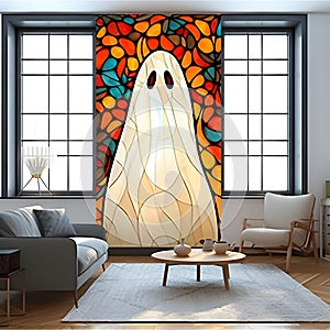 The stained glass artwork features Halloween ghosts and a sofa in front.