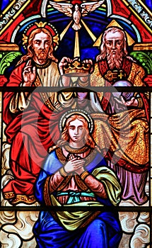 Stained glass in Bariloche - the Coronation of Mother Mary