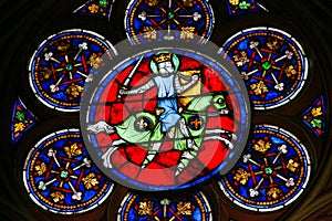 Stained Glass in Notre Dame, Paris, of a Medieval Knight