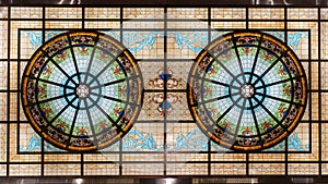 Stained glass ceiling,colorful glass window building roof