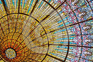 Stained glass ceiling of Palace of Catalan Music photo