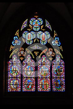 Stained glass of Chartres cathedral in France photo