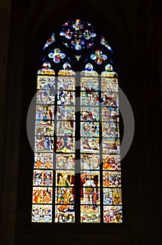 Stained glass church window depicting Pentecost in the Dom of Cologne, Germany