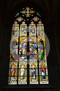 Stained glass church window depicting Pentecost in the Dom of Cologne, Germany