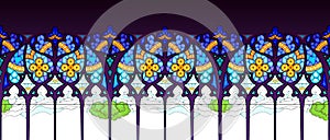 Stained glass decoration. Seamless pattern ornament. Style of Gothic windows. Print for fabric, wallpaper, background, banner,