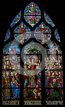 Stained glass depicting St Mary Magdalene's apostleship to Provence. Shot in Church of Saint Severin, Paris