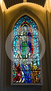 Stained glass detail inside Hallgrimskirkja, Reykjavik cathedral