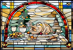 Stained glass. A dining table with typical Christmas foods and a beautiful roast turkey in the center