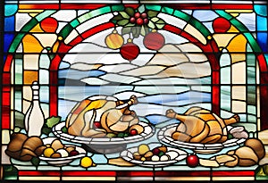 Stained glass. A dining table with typical Christmas foods and a beautiful roast turkey in the center