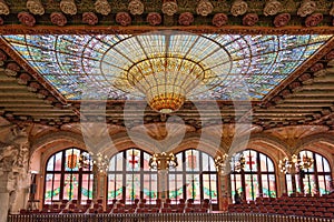 Stained glass dome and side view of the balcony in the concert hall of the Palau de la Música Catalania, Spain, Europe.