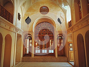 Stained glass doors, windows, rose inside Muslim palace