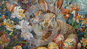 Stained Glass Easter Celebration with Bunny and Eggs. Generative AI