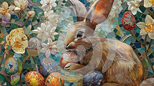 Stained Glass Easter Celebration with Bunny and Eggs. Generative AI